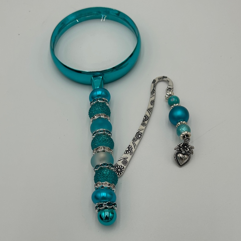 Elegant Beaded Blue and Silver Bookmark & Magnifying Glass Set